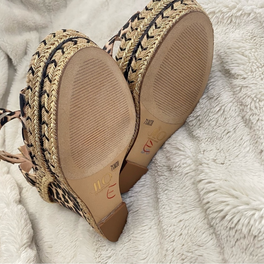 Jennifer Lopez JLo Leopard Print Tan Black Wedge Sandals Ankle Strap Size 7.5 - Picture 14 of 16
